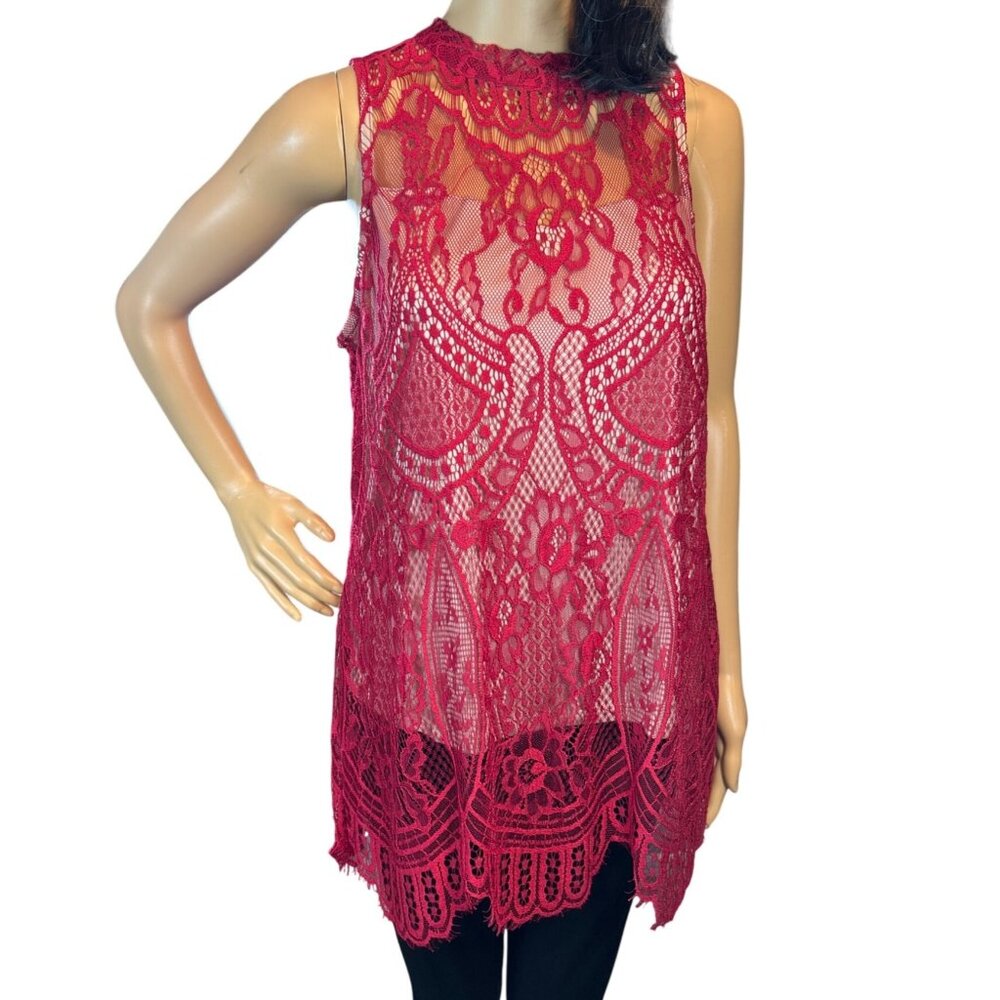Love Fire Womens Sleeveless Lace Blouse Size L‎ Red Sheer Romantic Boho